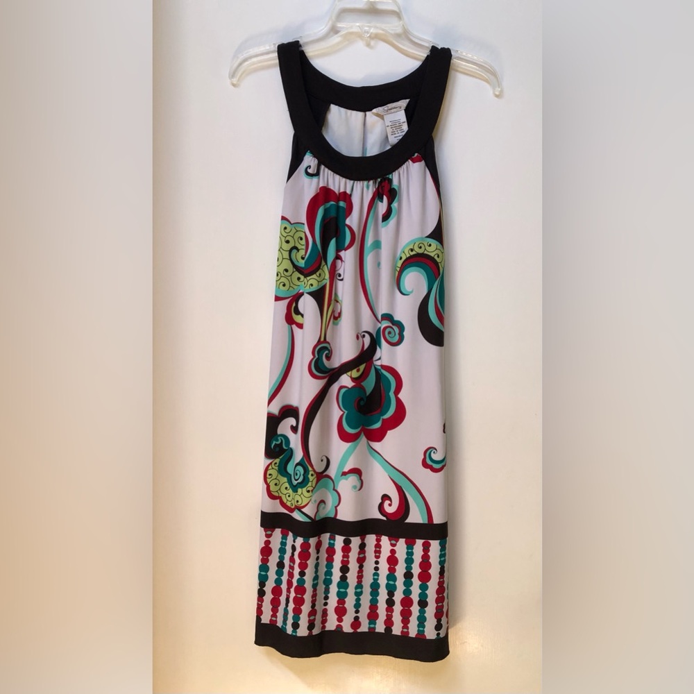 SPEECHLESS Retro Y2K Sleeveless Printed Shift Sun Dress Scoop Neck Black Trim- M